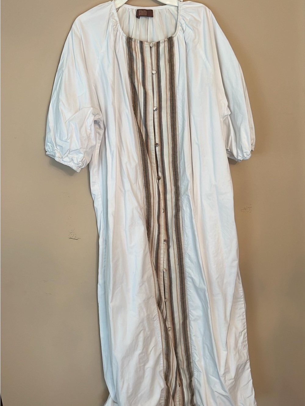 White Button-Front Maxi Dress with Neutral Stripe